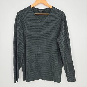 Robert Barakett Mens L VNeck T-Shirt Tee Cotton Green Stripes Basic Casual